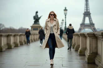 Femme marchant sur le Pont de l'Alma à Paris avec la Tour Eiffel en arrière-plan, illustrant la marche urbaine pour la santé