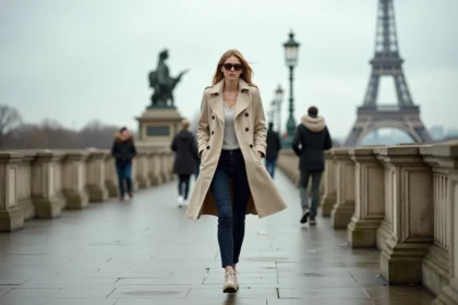 Femme marchant sur le Pont de l'Alma à Paris avec la Tour Eiffel en arrière-plan, illustrant la marche urbaine pour la santé