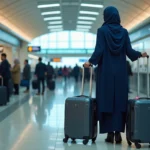 Femme marocaine en hijab arrangeant ses valises à l'aéroport