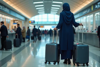 Femme marocaine en hijab arrangeant ses valises à l'aéroport