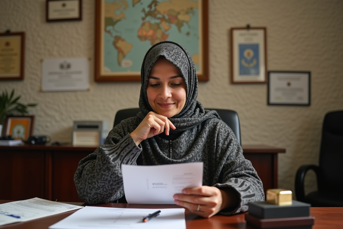 Femme marocaine avec hijab et passeport dans un bureau