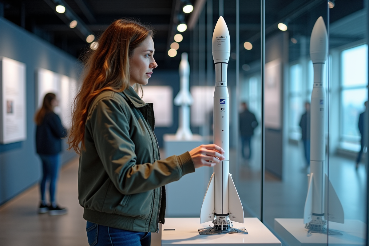 Jeune femme étudiant un modèle réduit de la fusée Ariane 6 en intérieur
