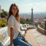 Femme souriante au parc Güell avec mosaïque colorée
