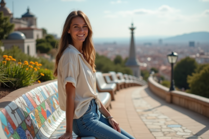 Femme souriante au parc Güell avec mosaïque colorée