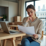 Femme préparant ses documents de voyage dans un appartement moderne