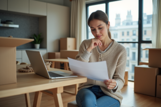 Femme préparant ses documents de voyage dans un appartement moderne