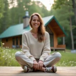 Femme souriante dans la nature avec ecocabin vert