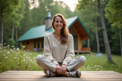 Femme souriante dans la nature avec ecocabin vert