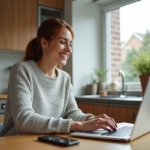 Femme en cuisine utilisant son ordinateur pour réserver un voyage