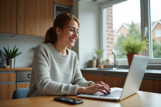 Femme en cuisine utilisant son ordinateur pour réserver un voyage