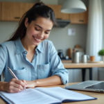 Femme remplissant formulaire de permis international dans une cuisine lumineuse