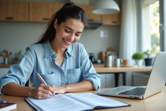 Femme remplissant formulaire de permis international dans une cuisine lumineuse