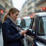 Femme en trench et foulard près d'un taxi parisien