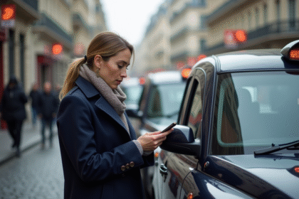 Femme en trench et foulard près d'un taxi parisien