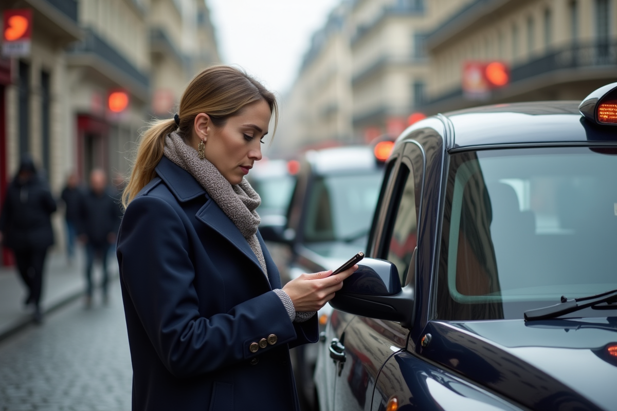 Femme en trench et foulard près d'un taxi parisien