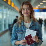 Jeune femme avec passeport et certificat vaccination à l'aéroport