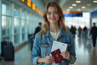 Jeune femme avec passeport et certificat vaccination à l'aéroport