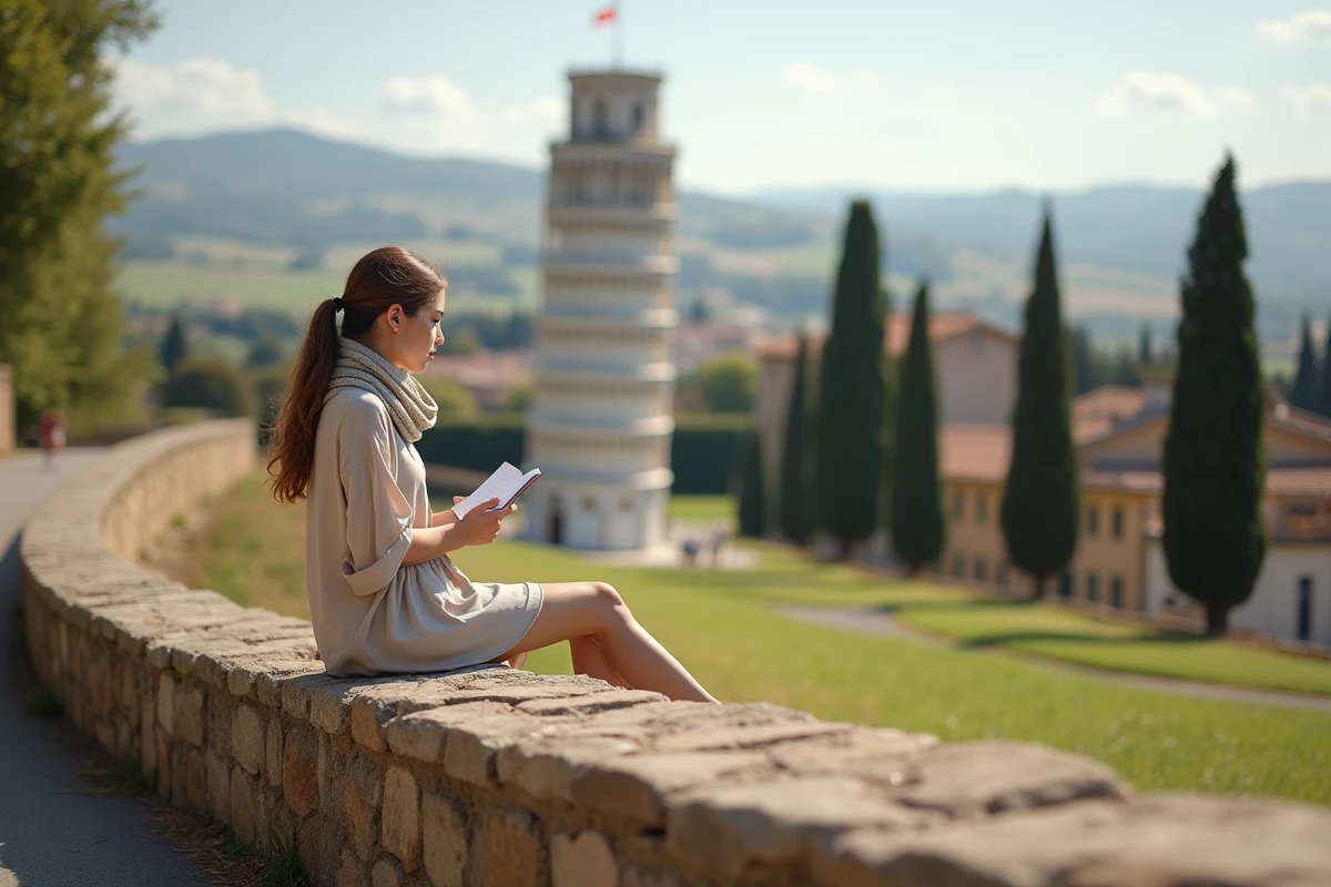 Jeune femme regardant le Pise dans un paysage toscan