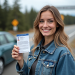 Femme souriante tenant un permis de conduire international près d une voiture