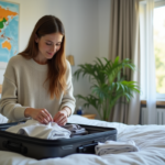 Femme préparant sa valise dans une chambre lumineuse