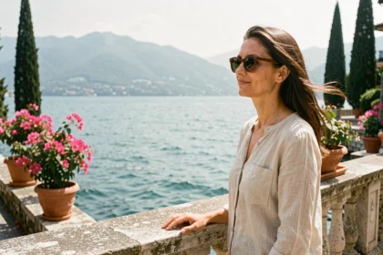 Femme admirant le panorama du lac de Garde depuis une promenade en pierre bordée de bougainvilliers en Italie