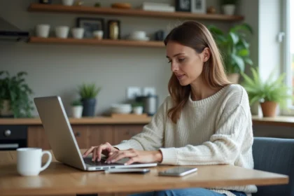 Femme recherchant des options de ferry à la maison