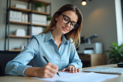 Femme remplissant un formulaire de douane dans un bureau organisé
