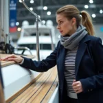 Femme examinant un voilier au salon nautique de Paris