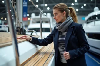 Femme examinant un voilier au salon nautique de Paris