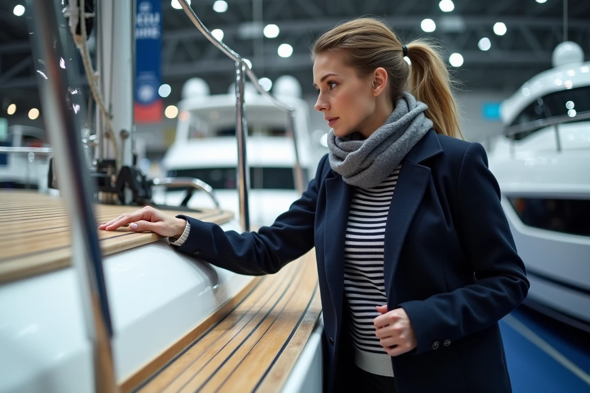 Femme examinant un voilier au salon nautique de Paris