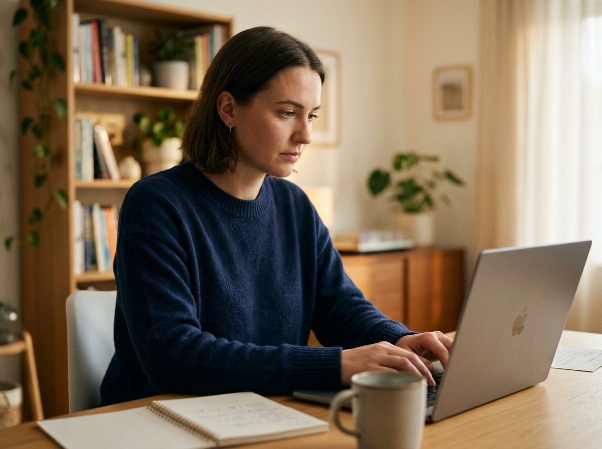 Jeune femme travaillant seule sur un ordinateur portable dans un bureau à domicile bien organisé