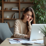 Jeune femme travaillant sur son ordinateur avec documents de voyage