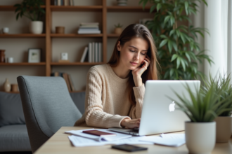 Jeune femme travaillant sur son ordinateur avec documents de voyage