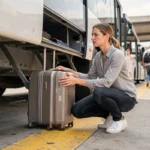 Femme chargeant une valise dans le soute d'un car reliant Marseille à Aix-en-Provence