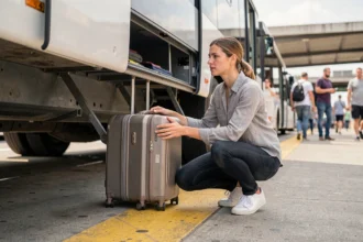 Femme chargeant une valise dans le soute d'un car reliant Marseille à Aix-en-Provence
