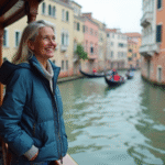 Femme souriante sur un vaporetto à Venise avec le Grand Canal