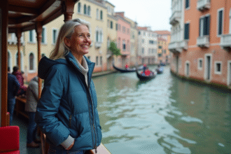 Femme souriante sur un vaporetto à Venise avec le Grand Canal