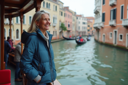 Femme souriante sur un vaporetto à Venise avec le Grand Canal