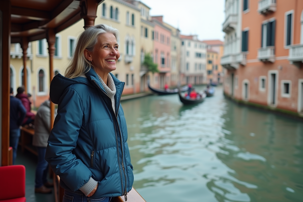 Femme souriante sur un vaporetto à Venise avec le Grand Canal