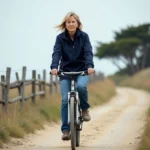 Femme à vélo sur la côte de l'île de Ré
