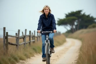 Femme à vélo sur la côte de l'île de Ré