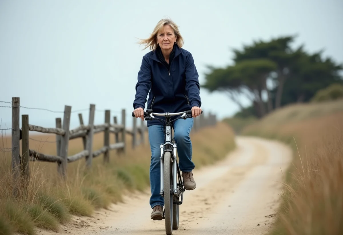 Femme à vélo sur la côte de l'île de Ré