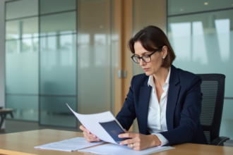 Femme en blazer navy vérifiant ses documents officiels