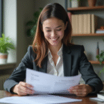 Jeune femme en bureau organisant ses documents de visa
