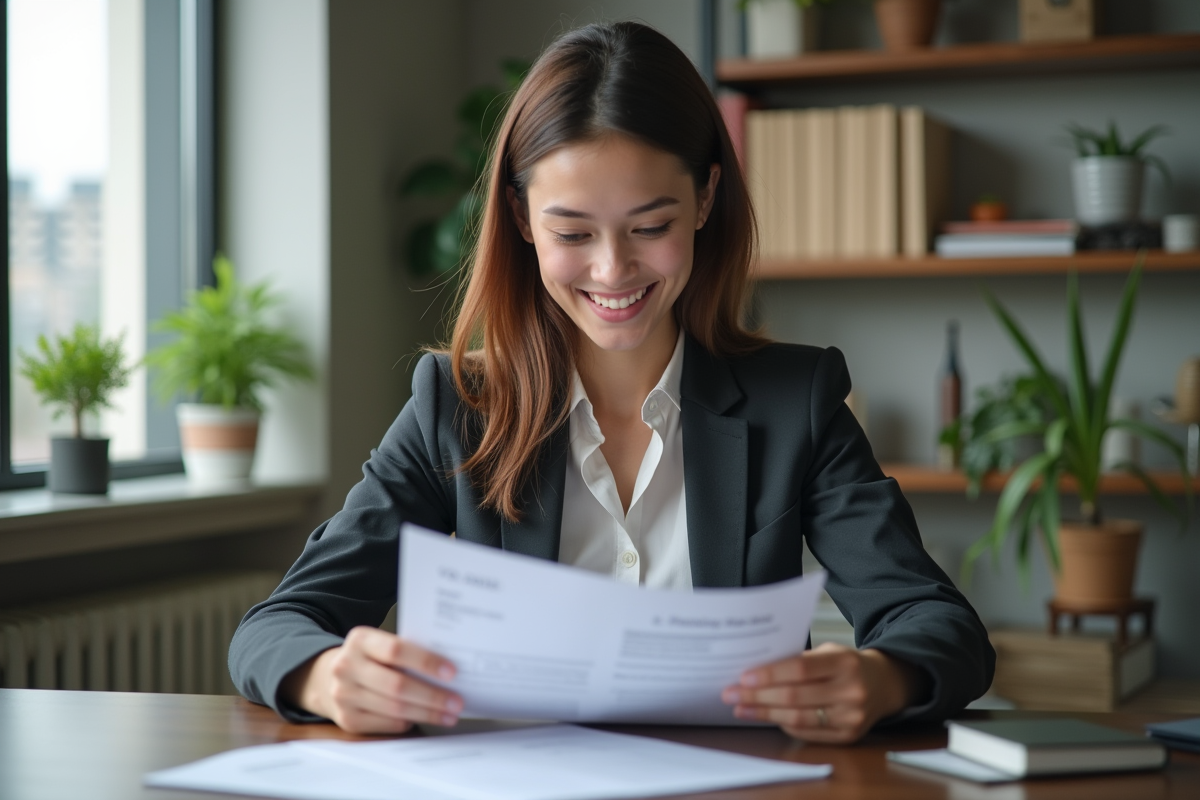 Jeune femme en bureau organisant ses documents de visa