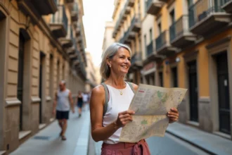 Femme curieuse avec carte à Palermo en été