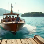 Ferry en bois quittant le quai vers l'île de Porquerolles avec des passagers décontractés par mer calme