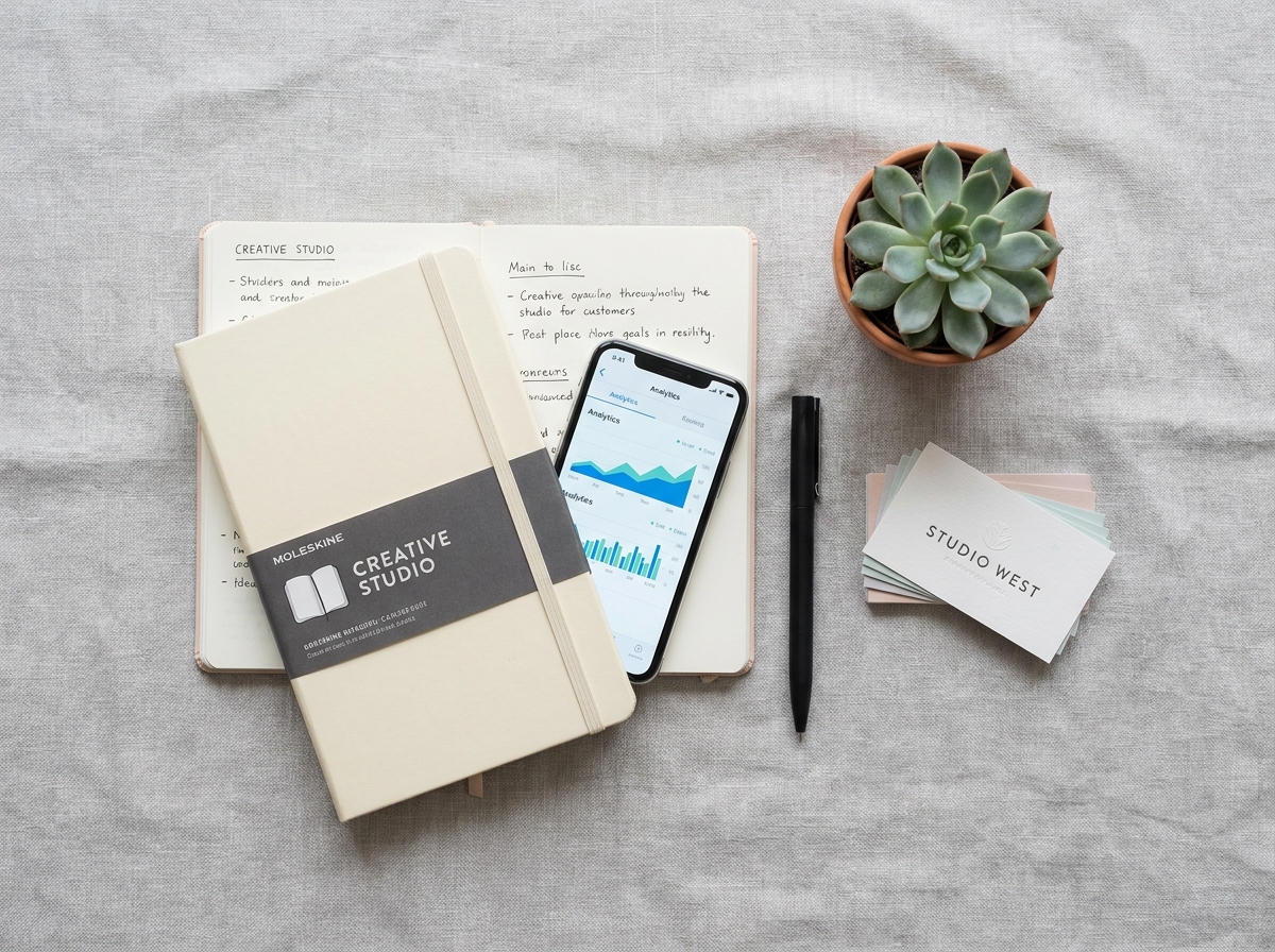 Flatlay de bureau créatif avec carnet, smartphone affichant des données, stylo et carte de visite sur lin gris