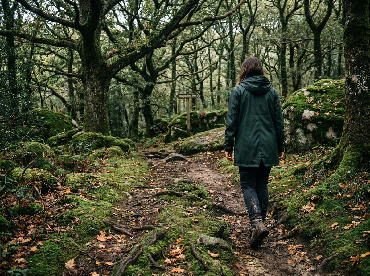 Randonneuse sur un sentier de forêt bretonne entre rochers moussus et chênes centenaires, ambiance nature sauvage