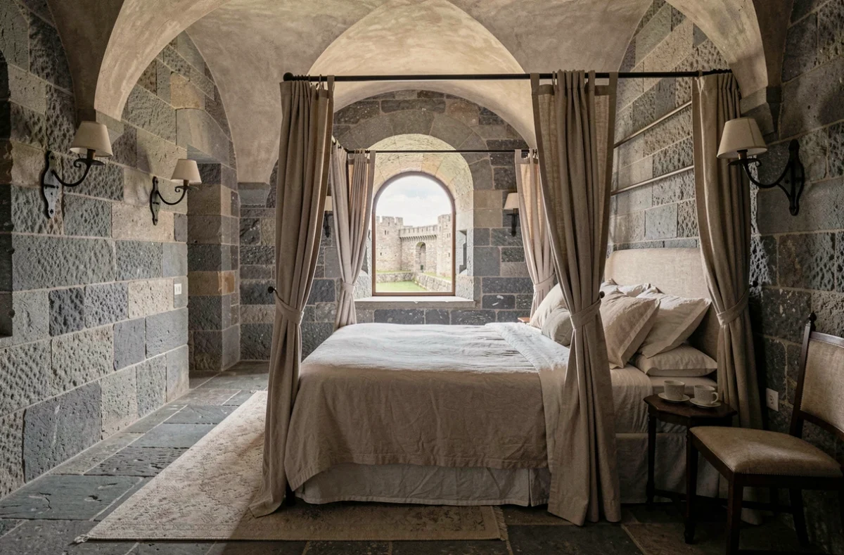 Chambre romantique dans un gîte de charme aménagé dans une maison de cité fortifiée du Nord avec vue sur les remparts